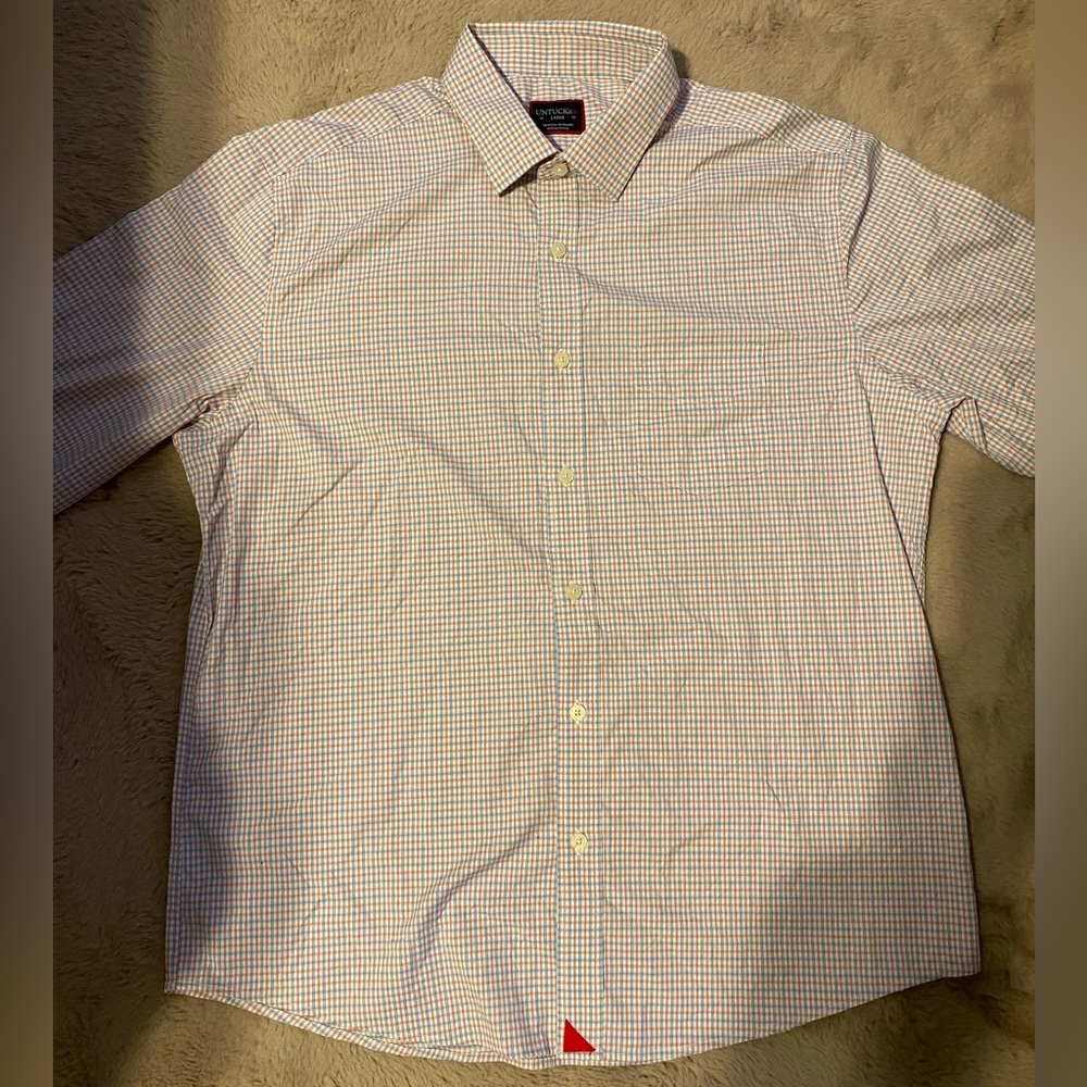 Untuckit Button Up Shirt Mens Sz L White Plaid Russel Slim Fit Stretch Nylon